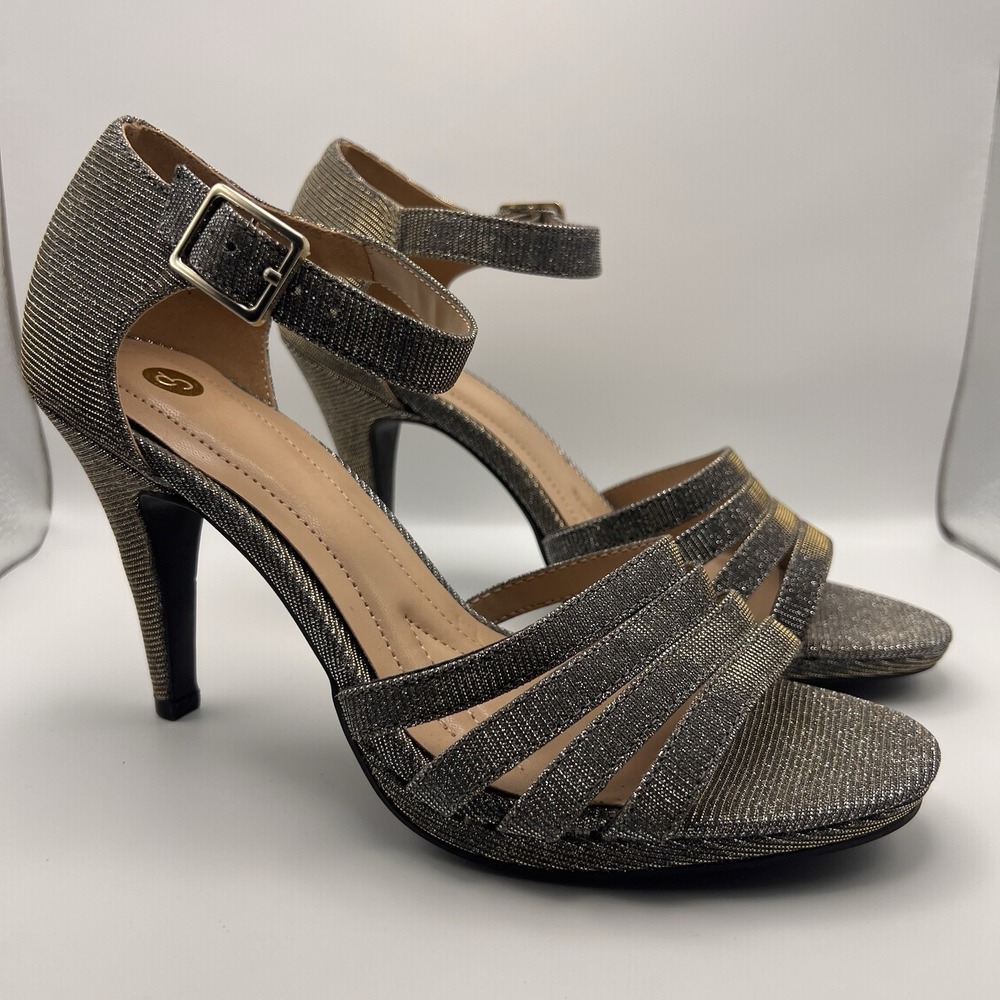 Dress Barn Traci Metallic Sparkle Strappy High Heels Open Toe Sandal Womens SZ9M